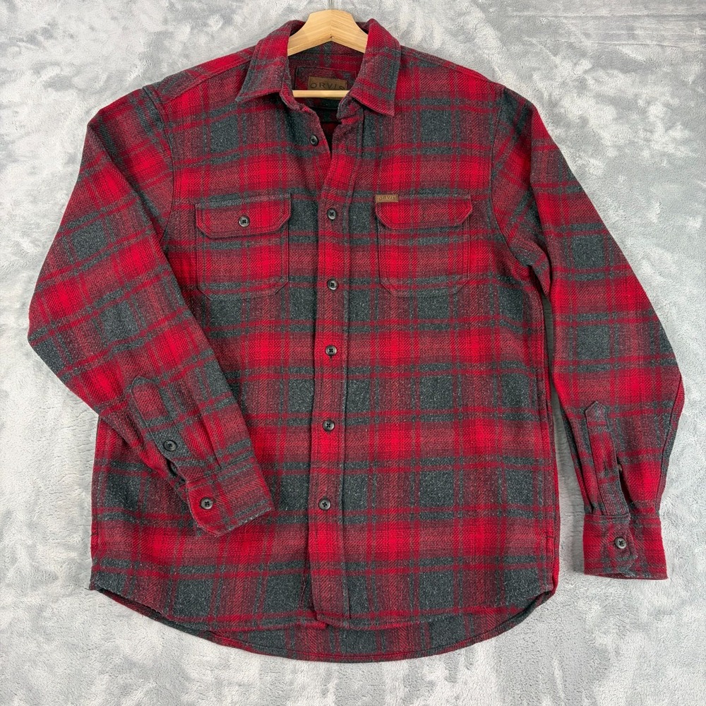 Orvis Flannel Shirt Jacket Pockets Mens Medium Red Plaid Long Sleeve Button Up